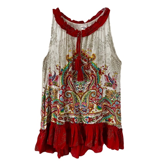 Bila Tops - Bila | Ivory Red Boho Paisley Floral Ruffled Sleeveless Tunic Top, Medium
